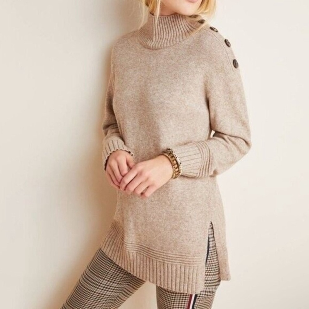by Anthropologie Womens Tan/Brown Margarita Button Shoulder Tunic Sweater XSmall